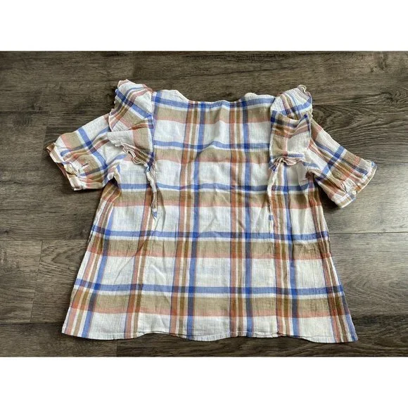 EUC Womens Madewell V Neck Shoulder Ruffle Top‎ In Plaid Short Sleeve Size L - Picture 4 of 10